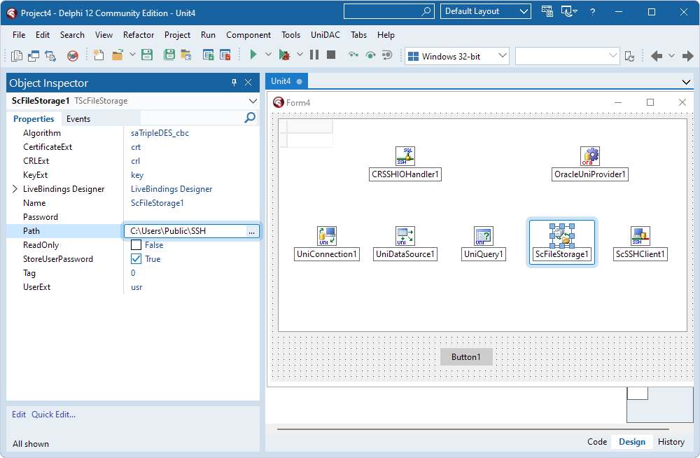 The TScFileStorage component with the specified Path.