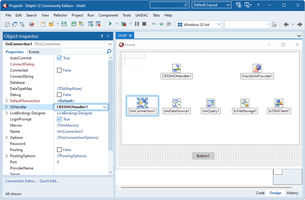 The TUniConnection component with the specified IOHandler property and MyCQL connection details.
