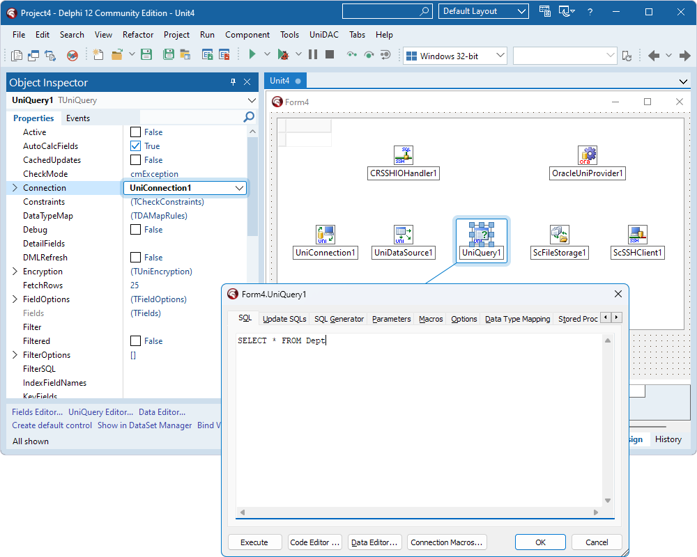 The TUniConnection component assigned to the Connection property and a SQL query in the TUniQuery component.