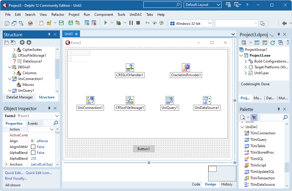 Components added to the form for an SSL connection to Oracle in Delphi.