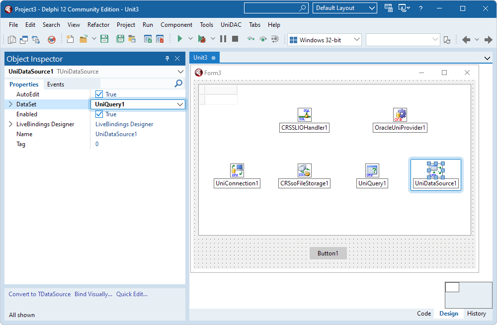 The TUniQuery component assigned to the DataSet property in the TUniDataSource component in the Object Inspector.