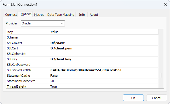 UniConnection options for the Oracle provider in Delphi.