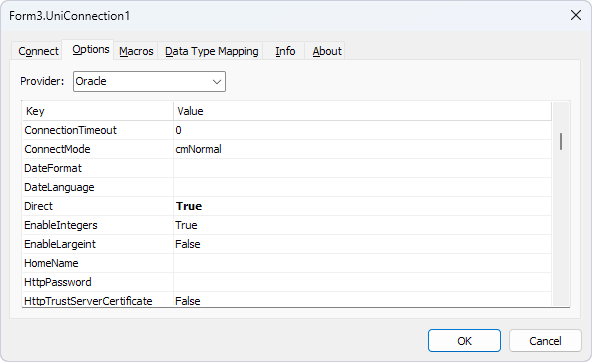 UniConnection options for the Oracle provider in Delphi.
