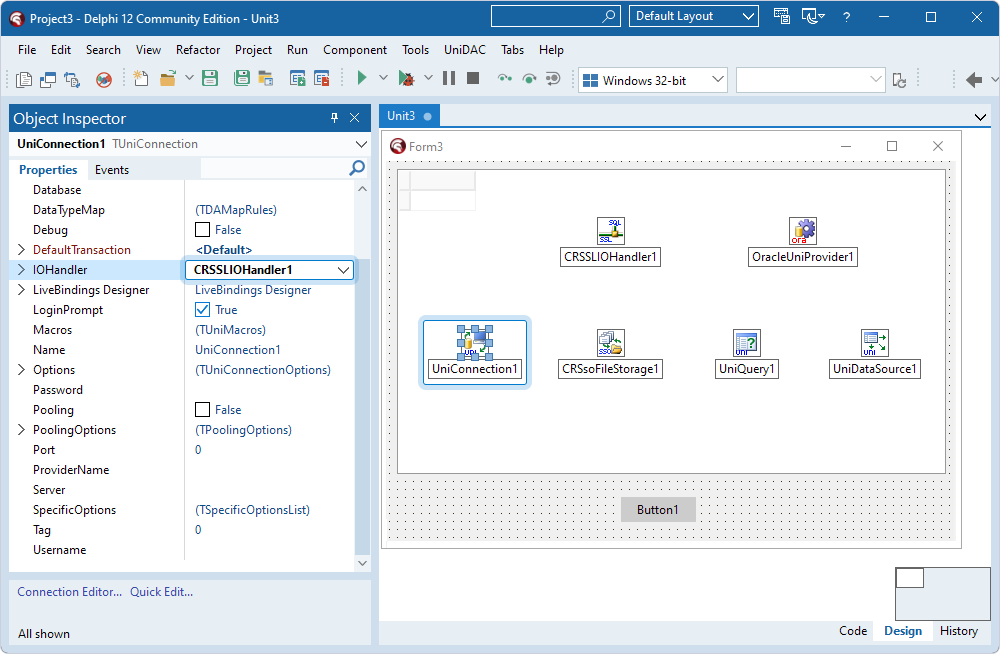 The TCRSSLIOHandler component assigned to the IOHandler property in the TUniConnection component in the Object Inspector.