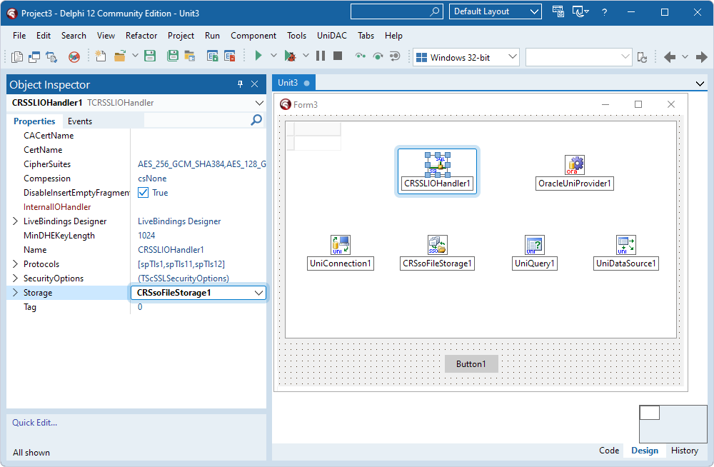 The TCRSsoFileStorage component assigned to the Storage property in the TCRSSLIOHandler component in the Object Inspector.