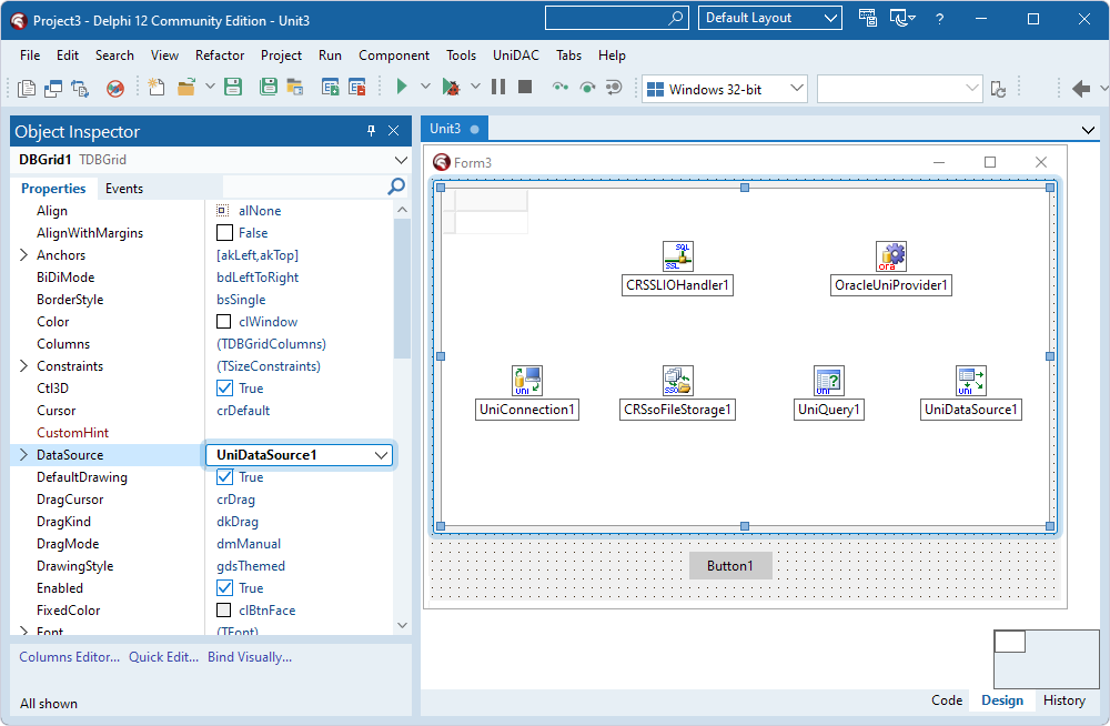 The TUniDataSource component assigned to the DataSource property in the TDBGrid component in the Object Inspector.