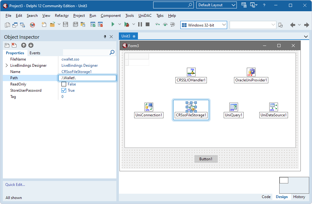 The path to the Oracle wallet file specified in the TCRSsoFileStorage component in the Object Inspector.