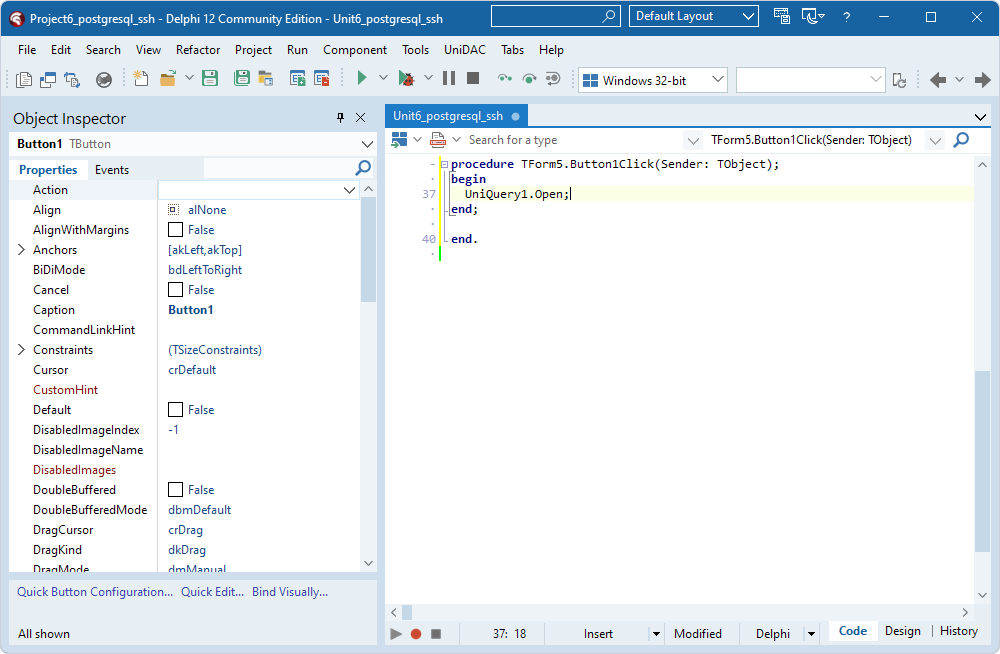 The UniQuery1.Open method call added to the TButton component