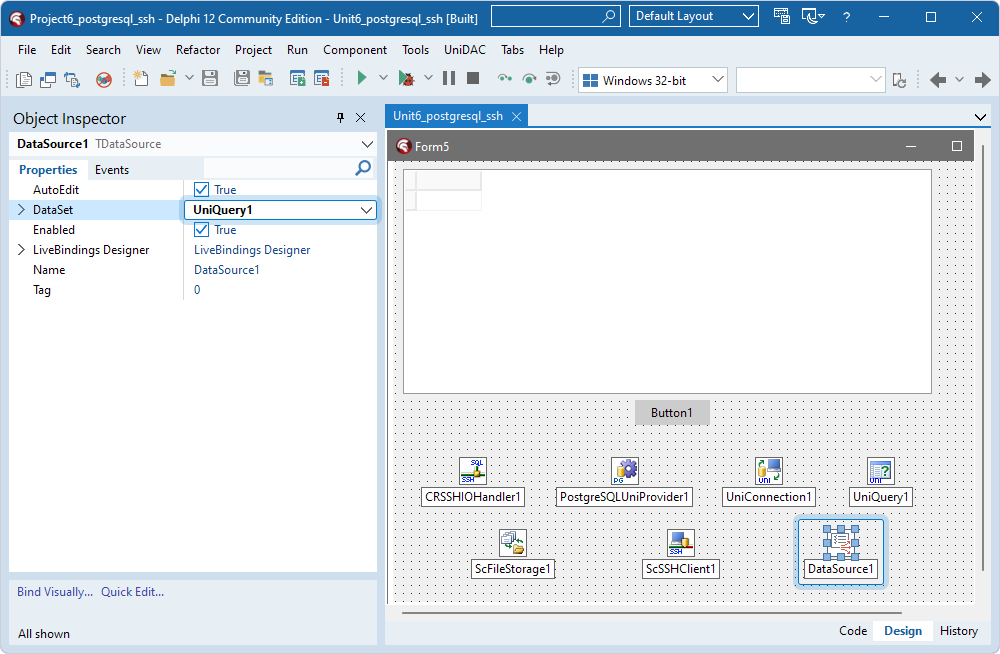 The TUniQuery component assigned to the DataSet property in the TDataSource component in the Object Inspector