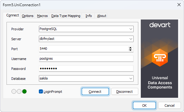 Connection to PostgreSQL in Delphi.