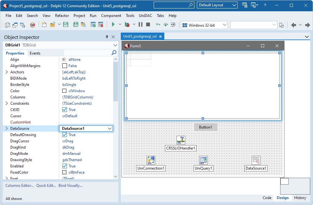 The TDataSource component assigned to the DataSource property in the TDBGrid component in Object Inspector.