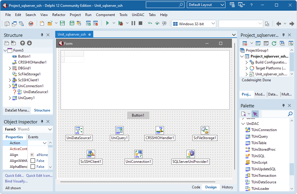 Components added to the form for an SSH connection to SQL Server in Delphi.