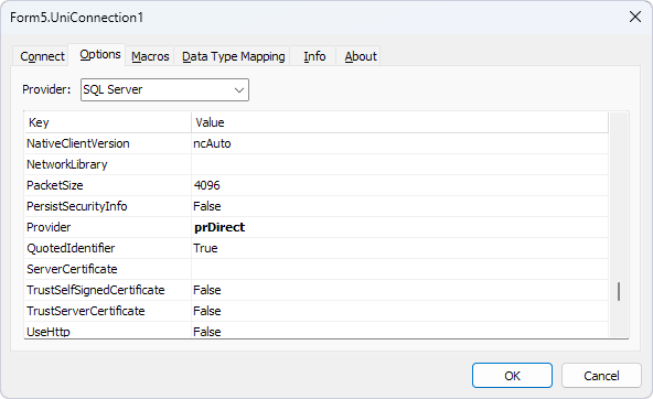 UniConnection options for the SQL Server provider in Delphi.