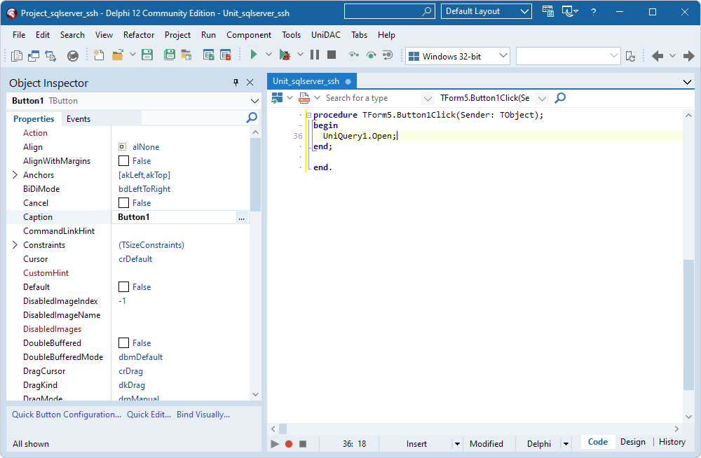 The UniQuery1.Open method call added to the TButton component.