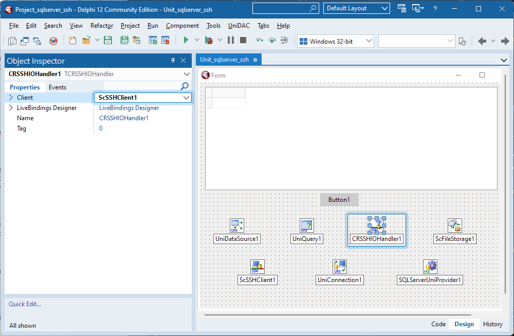 The TScSSHClient component assigned to the Client property in the TCRSSHIOHandler component.