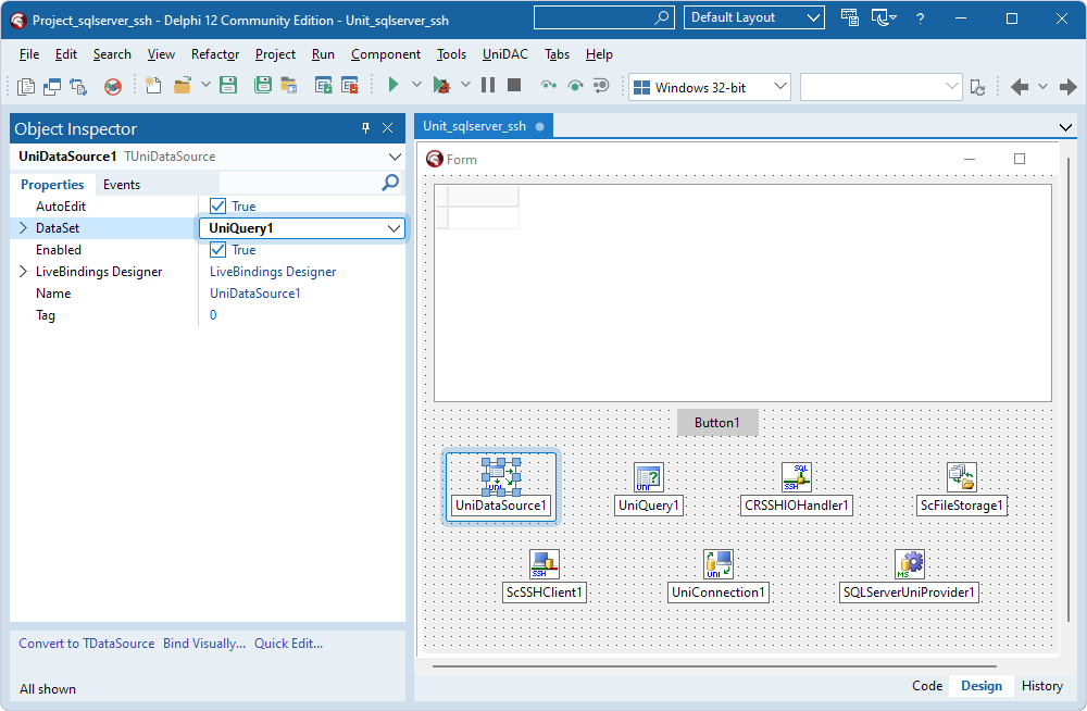 The TUniQuery component assigned to the DataSet property in the TUniDataSource component in the Object Inspector.