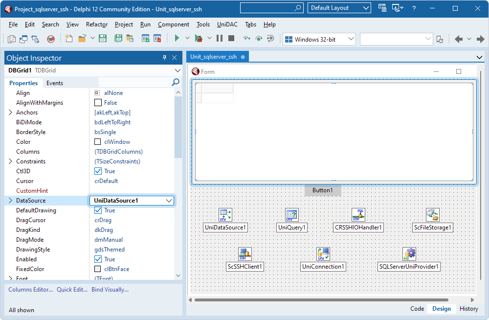 The TUniDataSource component assigned to the DataSource property in the TDBGrid component in the Object Inspector.
