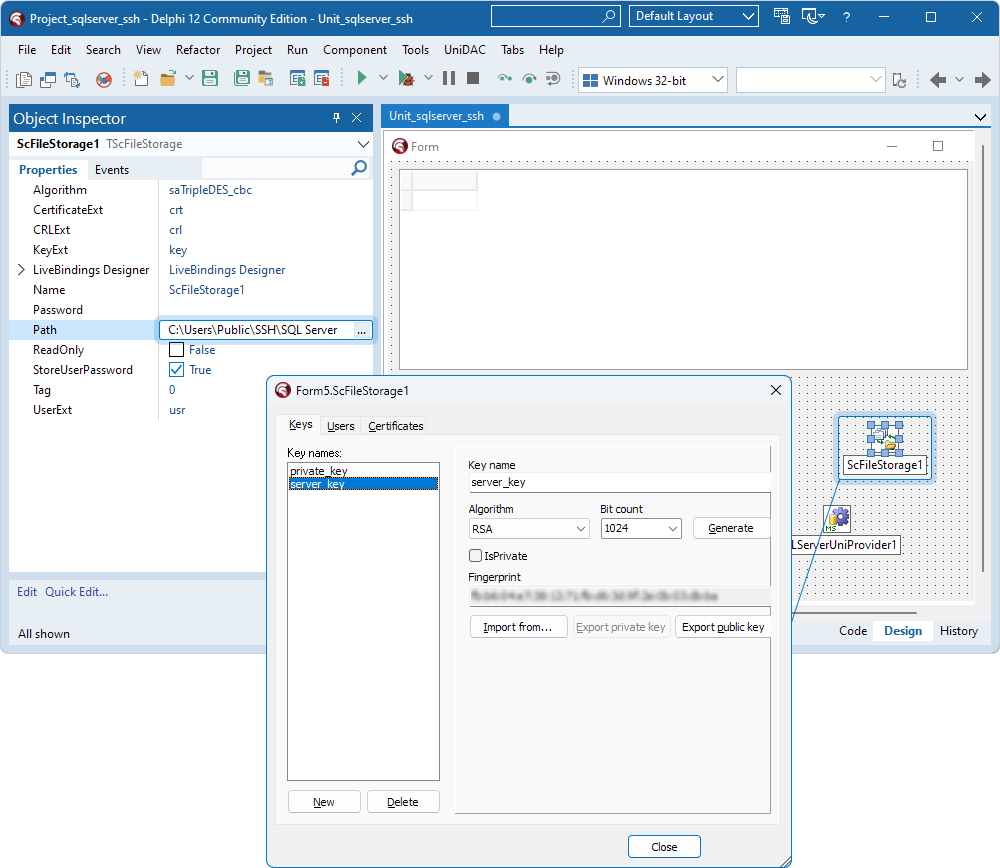 The TScFileStorage component with the specified Path.