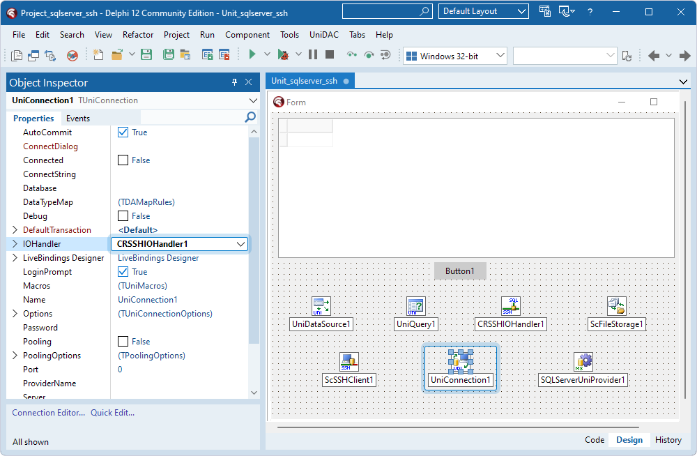 The TUniConnection component with the specified IOHandler property and MyCQL connection details.